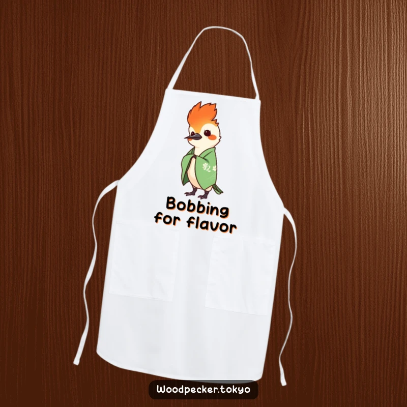 Funny Green Kimono Woodpecker Head Bobbing rhythmically, functional apron design. This humorous kitchen accessory is perfect for foodies.