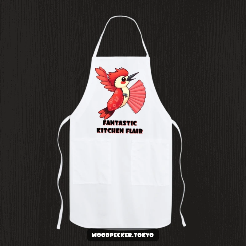 Funny Red Kimono Woodpecker Balancing on a Fan, detailed apron design. This humorous kitchen accessory is perfect for aspiring chefs.