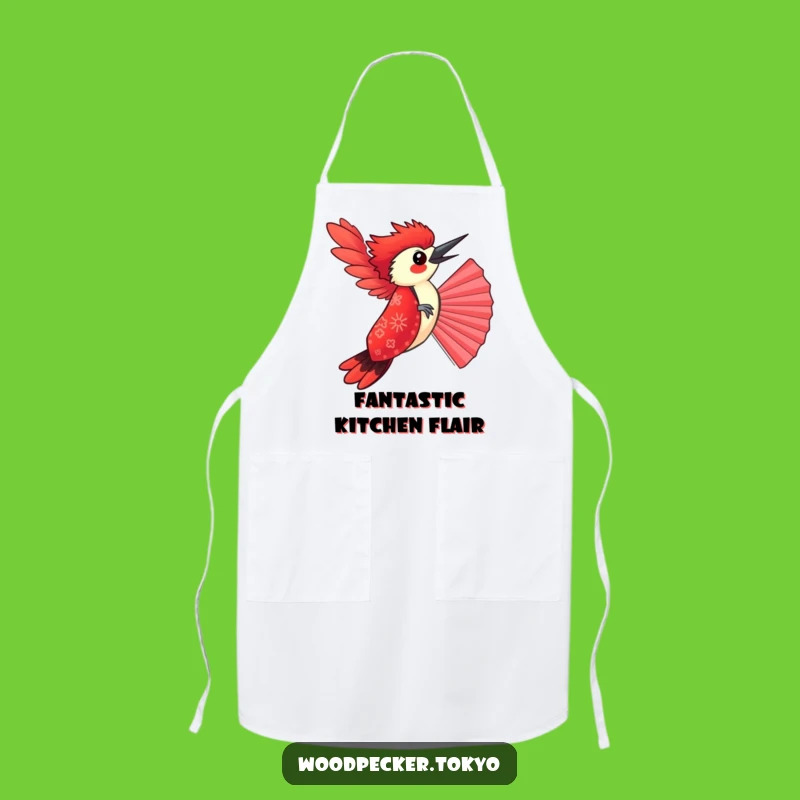 Funny Red Kimono Woodpecker Balancing Fan Apron: Kitchen Fun for Amusing Cooks