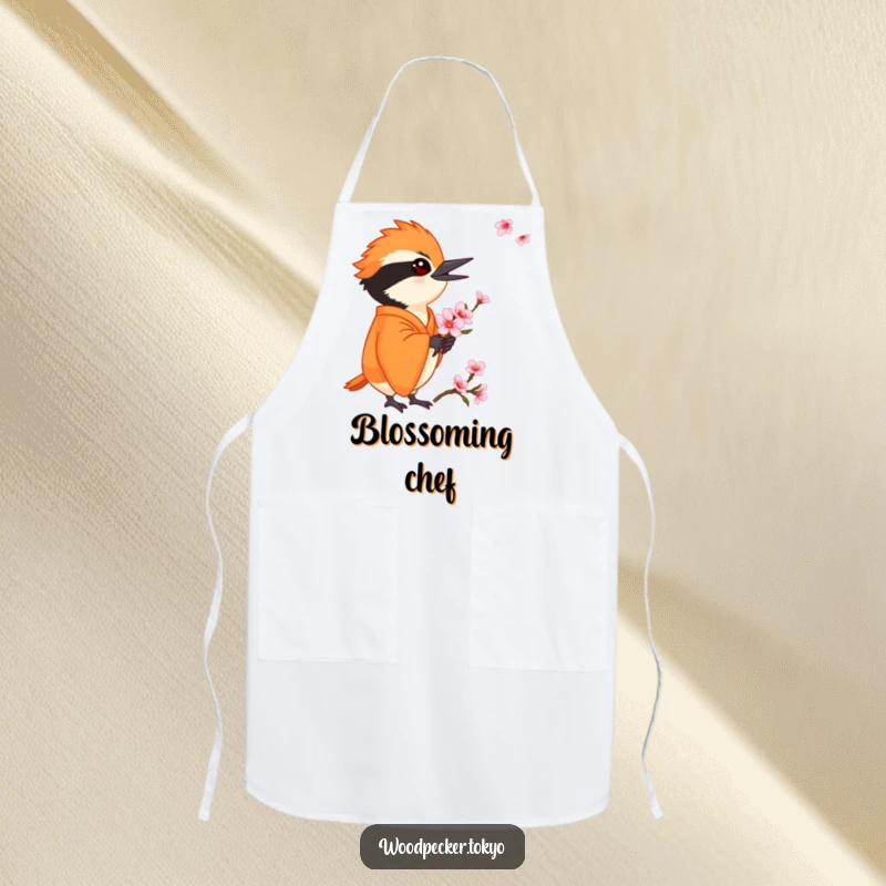 Funny Orange Kimono Woodpecker Holding a Cherry Blossom gently, functional apron. This humorous kitchen accessory is perfect for gentle chefs.
