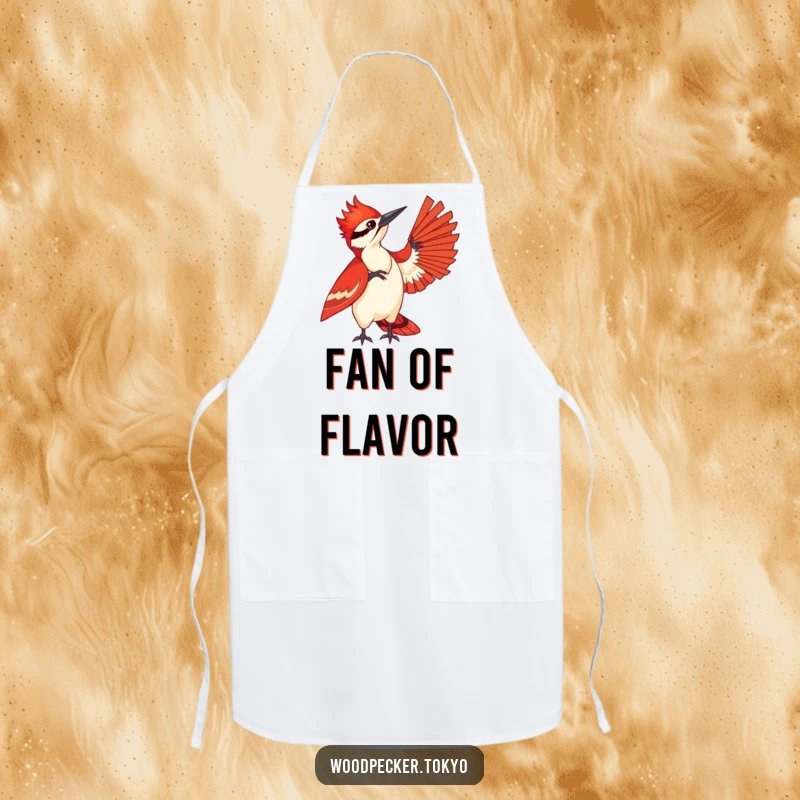 Funny cooking apron featuring a woodpecker in a striking red kimono playfully fanning itself, perfect for kitchen fun and protection with a stylish theme.