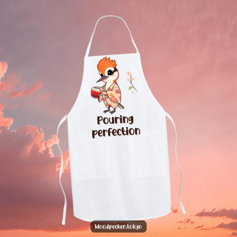 Funny cooking apron featuring a cheerful woodpecker in a floral kimono pouring tea, perfect for kitchen fun and protection with an elegant theme.