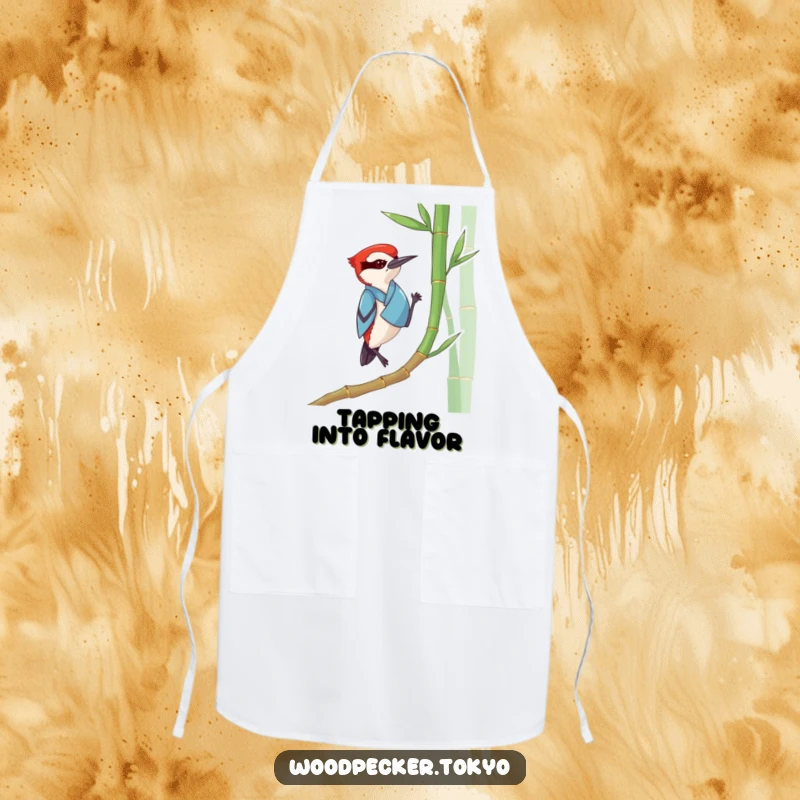 Funny Woodpecker Kimono Apron: A humorous kitchen apron showing a woodpecker in a kimono tapping bamboo, designed for calm and focused cooks.