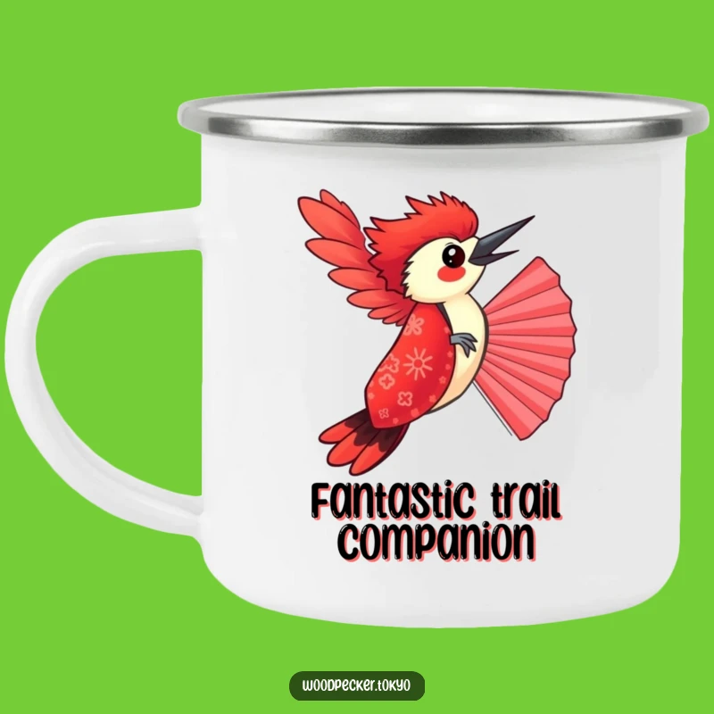 Funny Red Kimono Woodpecker Balancing Fan Camping Mug: Adventure Fuel with a Laugh