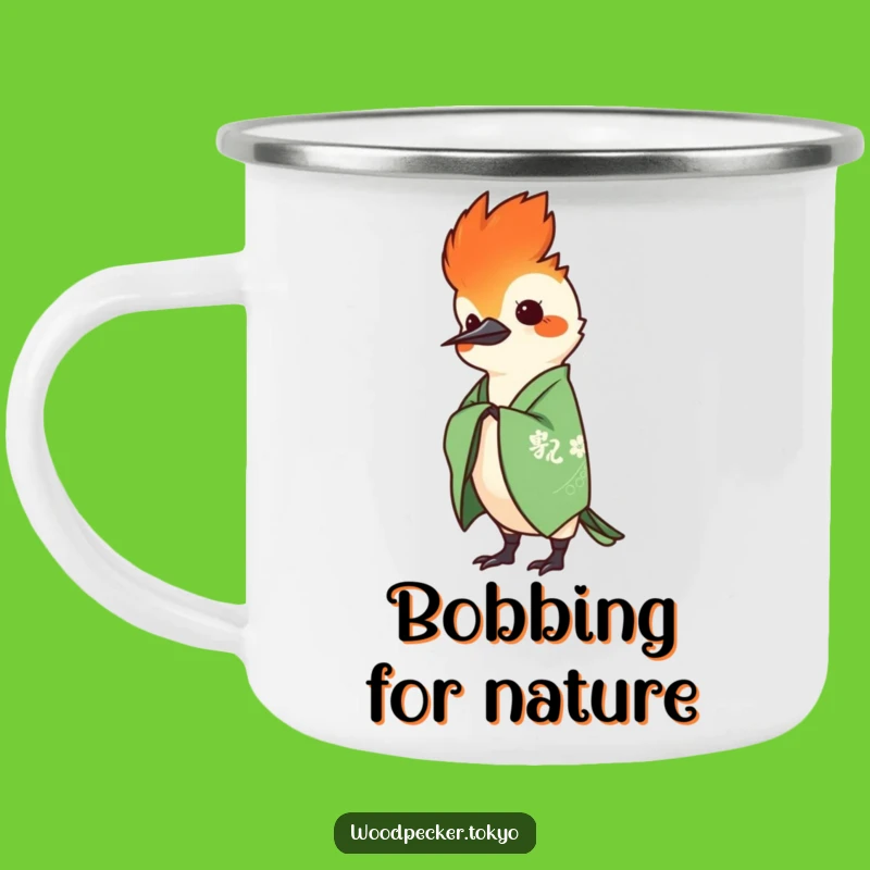 Funny Green Kimono Woodpecker Head Bob Camping Mug: Adventure Fuel with Rhythm