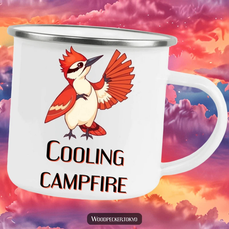 Funny enamel camping mug featuring a woodpecker in a striking red kimono playfully fanning itself, perfect for outdoor enthusiasts with style.