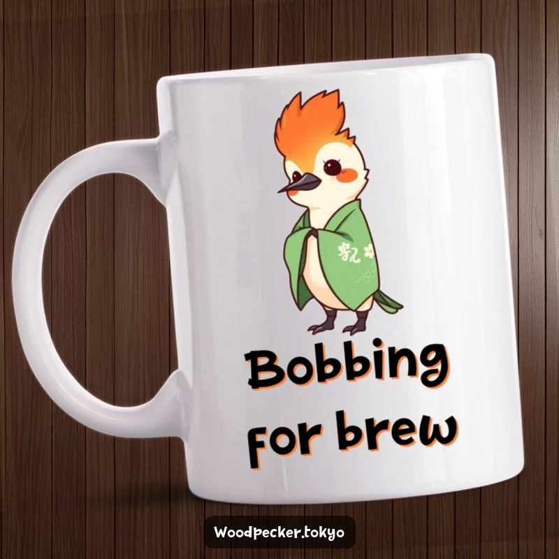 Funny Green Kimono Woodpecker Performing a Graceful Head Bob, looking attentive. This humorous mug design is full of charm.