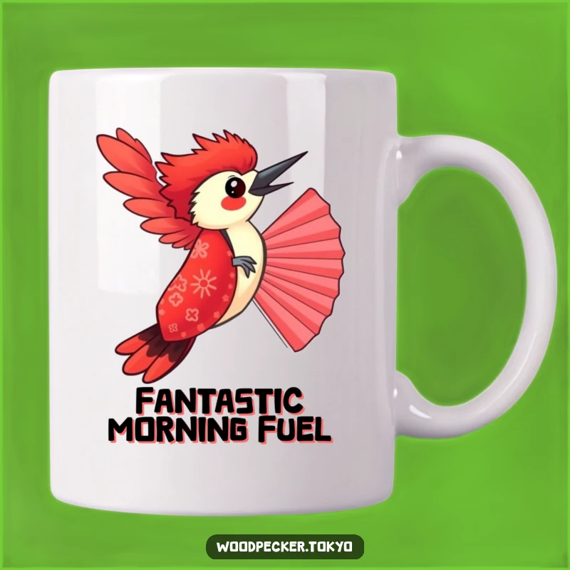 Funny Red Kimono Woodpecker Balancing Fan Mug: A Hilarious Gift for Bird Lovers