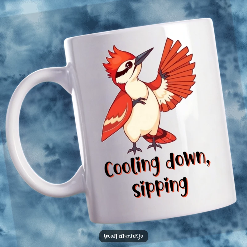 Funny mug featuring a stylish woodpecker in a striking red kimono playfully fanning itself, conveying a sense of cool and playful elegance.