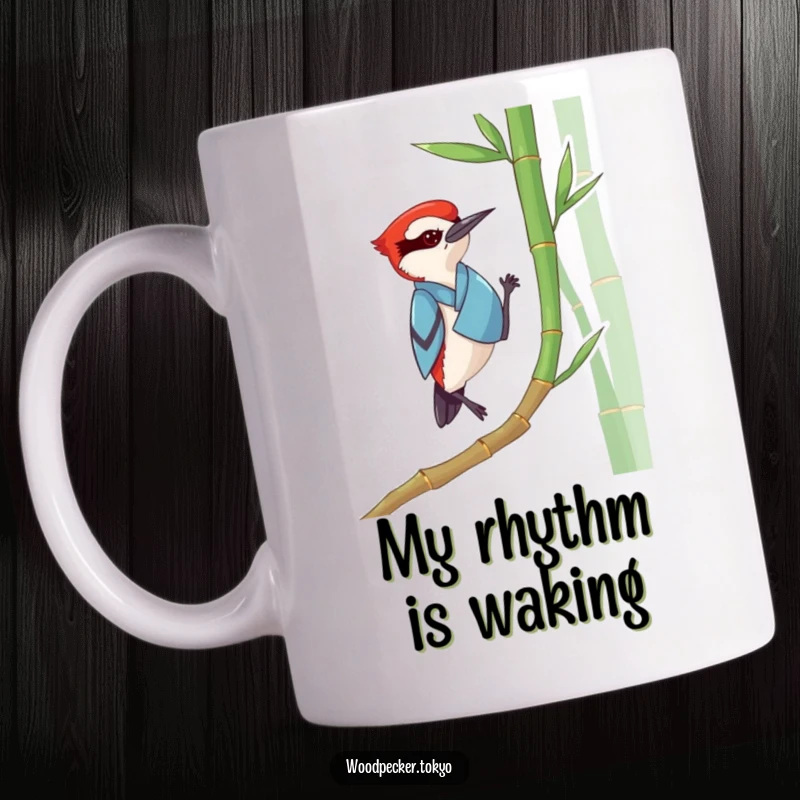 Funny Woodpecker Kimono Mug: A woodpecker in a blue kimono rhythmically tapping a bamboo stalk, creating a scene of tranquil, humorous focus.