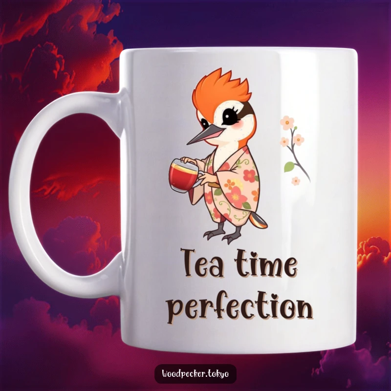 Funny mug depicting a cheerful woodpecker in a floral kimono gracefully pouring tea from a teapot, exuding a sense of calm and hospitality.
