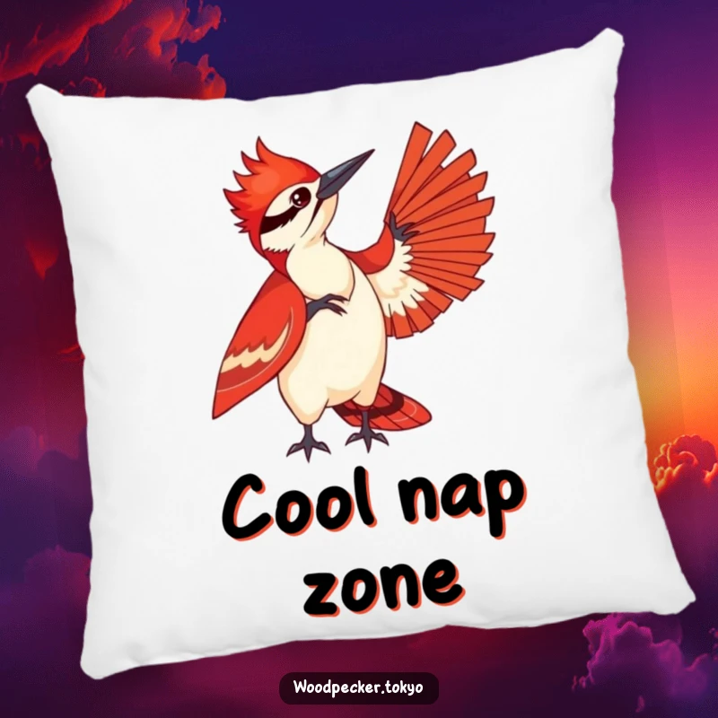 Funny decorative pillow featuring a woodpecker in a striking red kimono playfully fanning itself, perfect for adding a touch of stylish comfort.