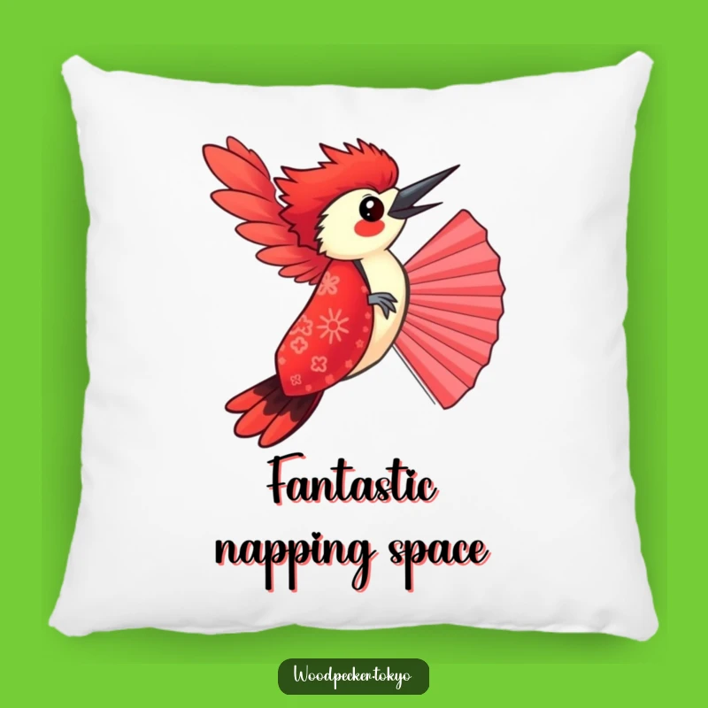 Funny Red Kimono Woodpecker Balancing Fan Pillow: Comfy & Hilarious Home Decor