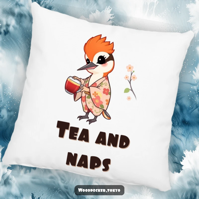 Funny decorative pillow featuring a cheerful woodpecker in a floral kimono pouring tea, perfect for adding a touch of elegance and comfort.