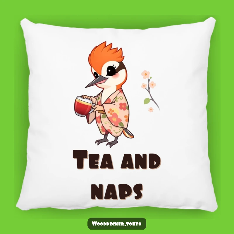 Funny Woodpecker Tea Pouring Pillow - Cozy Floral Kimono Bird Cushion