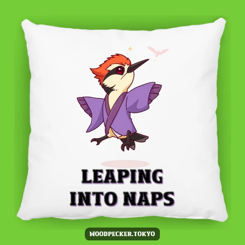 Funny Purple Kimono Woodpecker Leaping Pillow: Comfy and Whimsical Decor