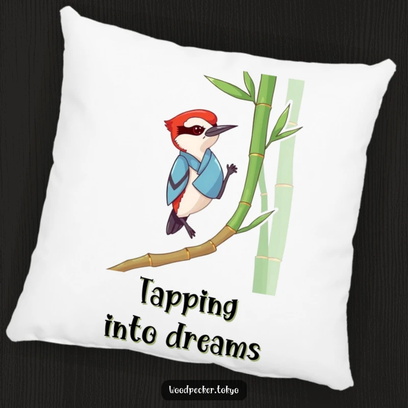 Funny Woodpecker Kimono Pillow: A plush decorative pillow featuring a woodpecker in a kimono tapping bamboo, offering comfort and zen humor.
