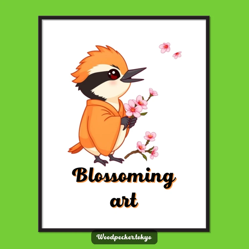 Funny Orange Kimono Woodpecker Cherry Blossom Digital Art: Instant Spring Wall Decor