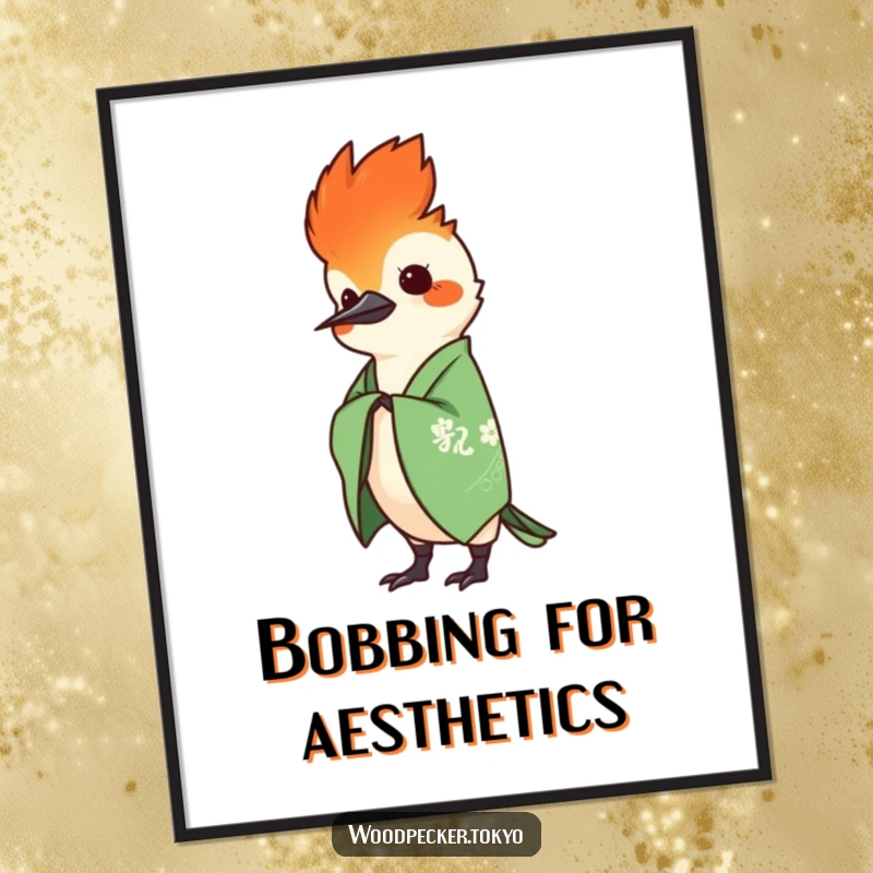 Funny Green Kimono Woodpecker Head Bobbing gracefully, high-resolution digital art. This humorous print adds a touch of class.