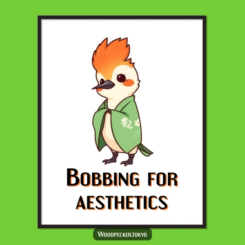 Funny Green Kimono Woodpecker Head Bob Digital Art: Instant Charming Wall Decor