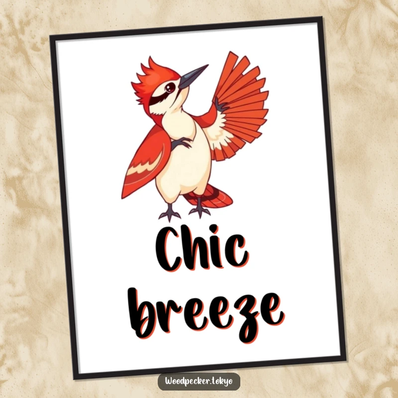 Funny digital art print of a woodpecker in a striking red kimono playfully fanning itself, perfect for printable wall decor and adding stylish humor.