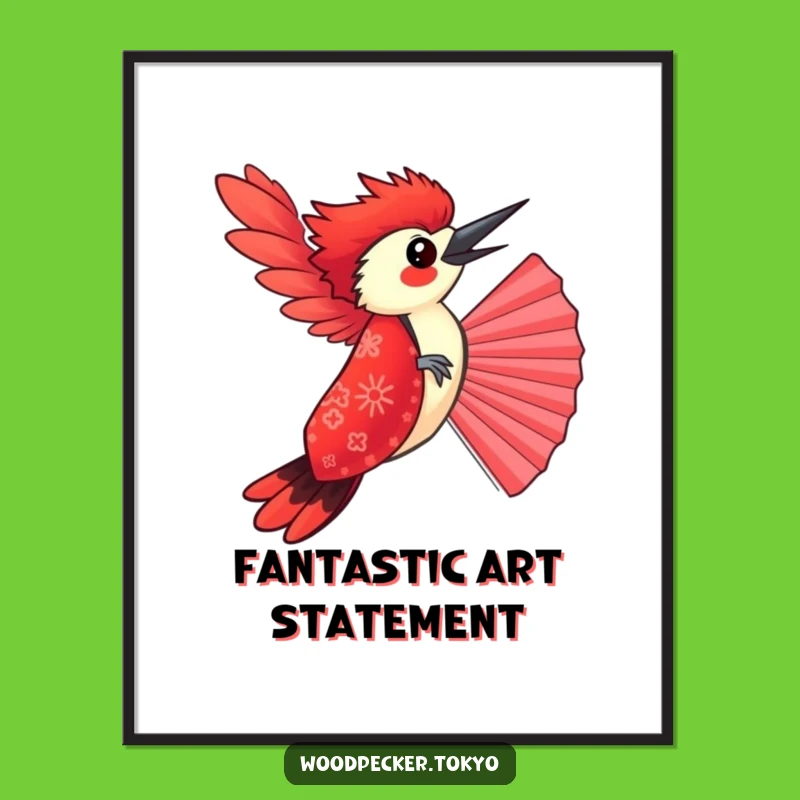 Funny Red Kimono Woodpecker Balancing Fan Digital Art: Instant Joyful Wall Decor