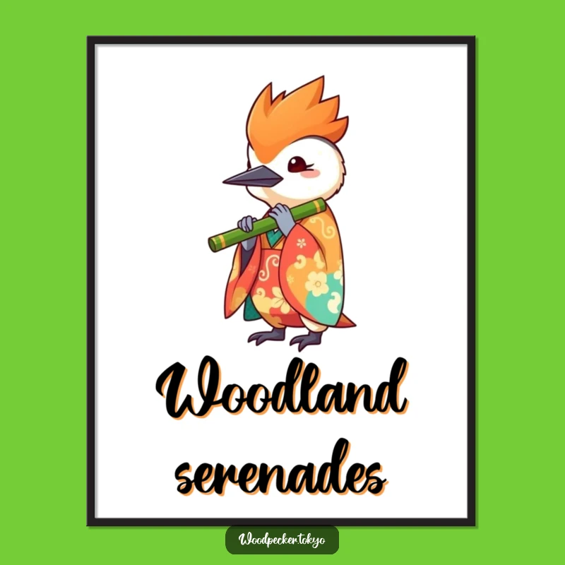 Funny Kawaii Woodpecker Flute - Digital Art Print for Musical Decor