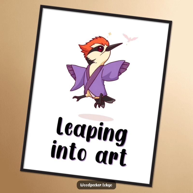Funny Purple Kimono Woodpecker Leaping with excitement, high-resolution digital art. This humorous print adds kinetic energy.