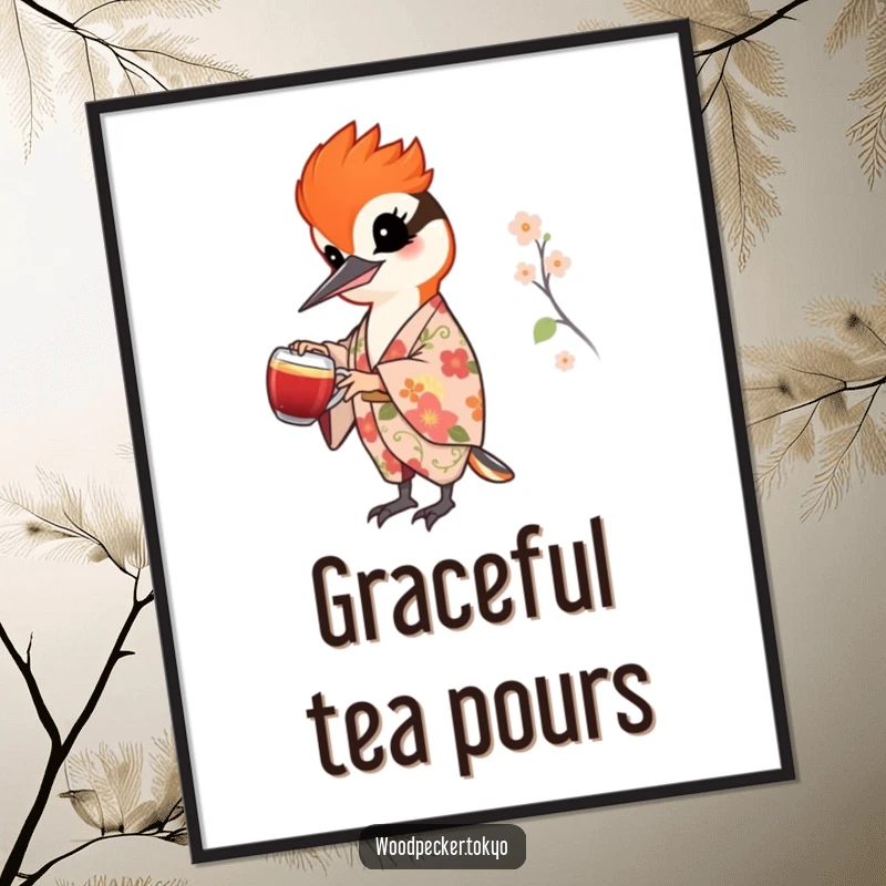 Funny digital art print of a cheerful woodpecker in a floral kimono pouring tea, perfect for printable wall decor and adding elegant charm.