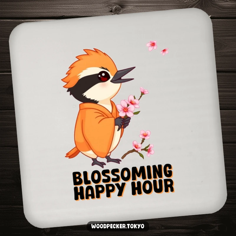 Funny Orange Kimono Woodpecker Holding a Cherry Blossom delicately, protective drink coaster. This humorous home accessory adds charm.