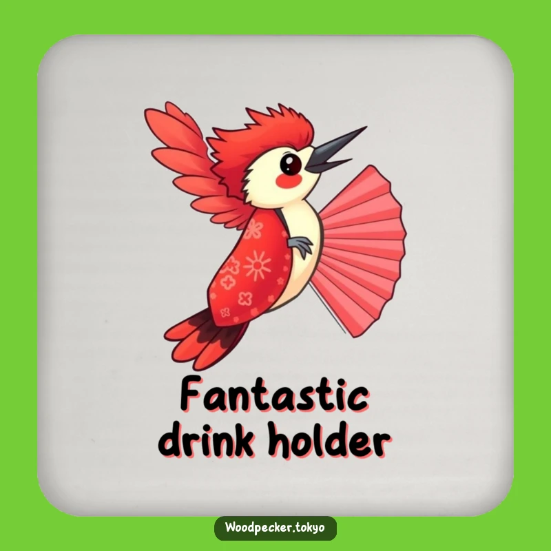 Funny Red Kimono Woodpecker Balancing Fan Coaster: Protect Surfaces with Humor