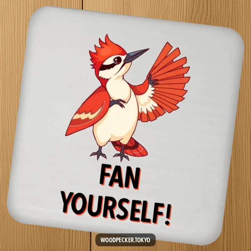 Funny drink coaster featuring a woodpecker in a striking red kimono playfully fanning itself, perfect for adding stylish charm to any table.