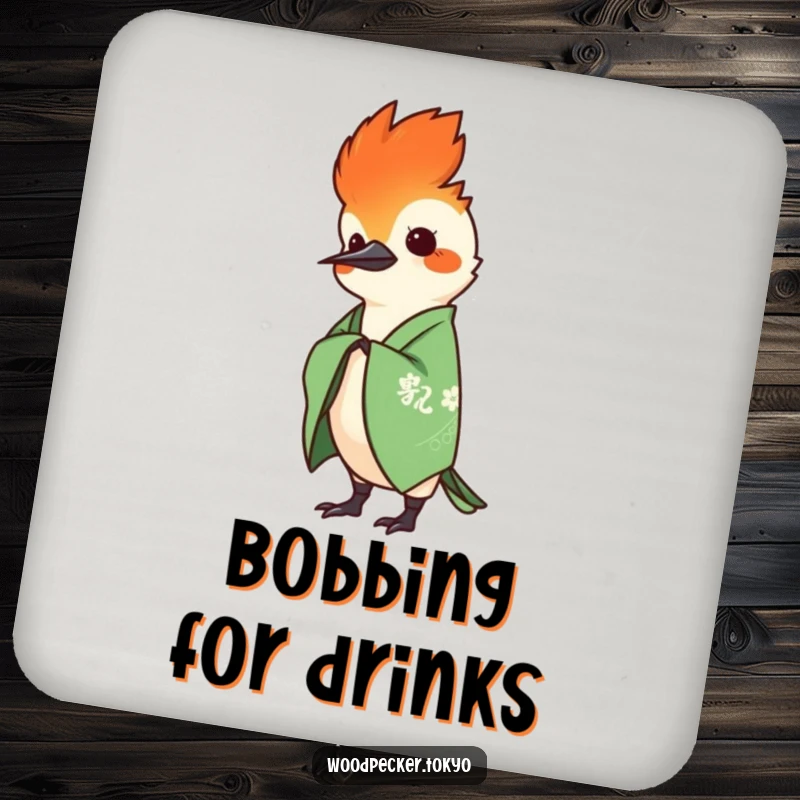 Funny Green Kimono Woodpecker Head Bobbing elegantly, protective drink coaster. This humorous home accessory adds charm.