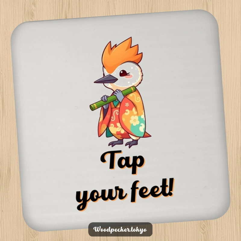 Funny drink coaster featuring a kawaii woodpecker in a vibrant kimono playing a bamboo flute, perfect for adding musical charm to any table.