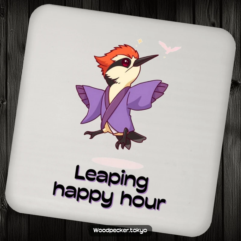 Funny Purple Kimono Woodpecker Leaping joyfully, protective drink coaster. This humorous home accessory adds a splash of fun.
