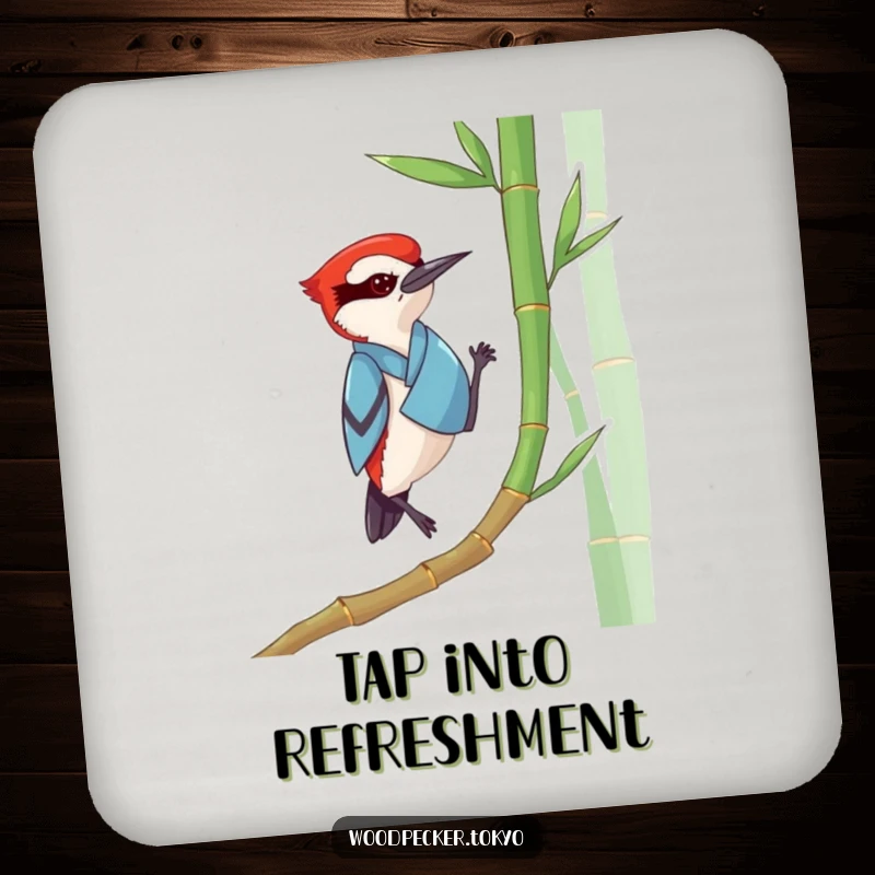 Funny Woodpecker Kimono Drink Coaster: A charming coaster featuring a woodpecker in a kimono tapping bamboo, adding zen humor.