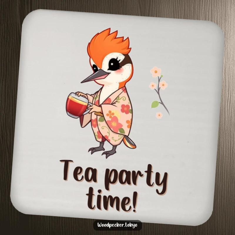 Funny drink coaster featuring a cheerful woodpecker in a floral kimono pouring tea, perfect for adding elegant charm to any table.