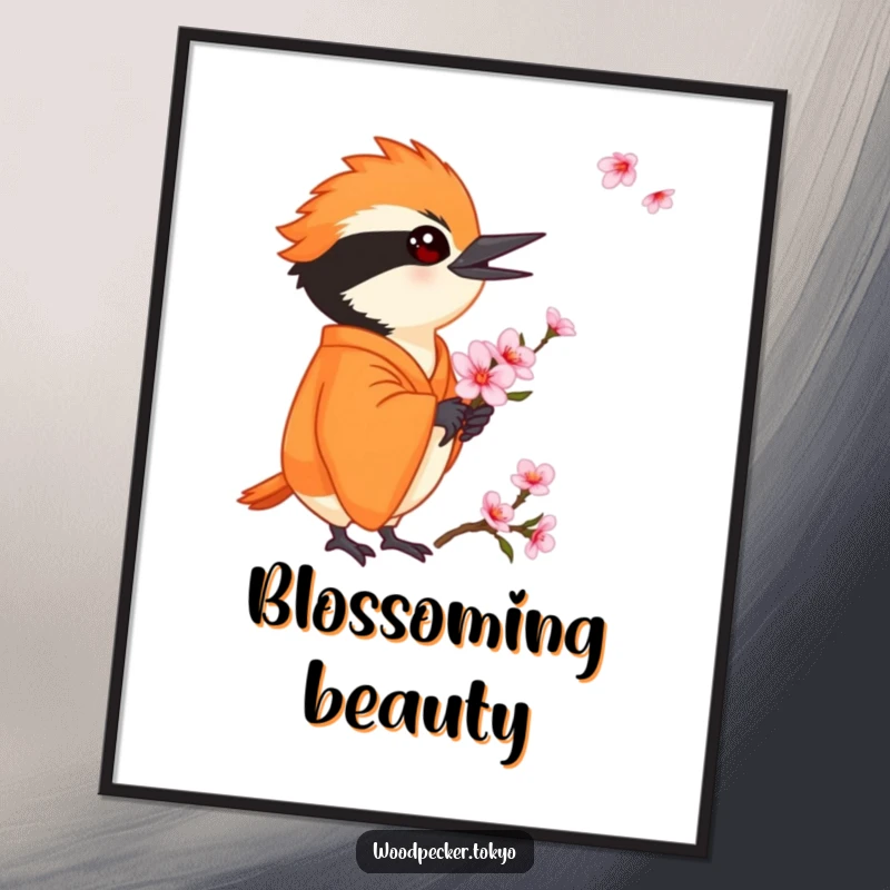 Funny Orange Kimono Woodpecker Holding a Cherry Blossom delicately, artistic poster. This humorous wall decor is serene and charming.
