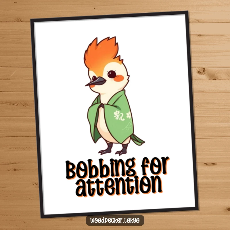 Funny Green Kimono Woodpecker Head Bobbing with finesse, elegant poster art. This humorous wall decor adds a touch of class.