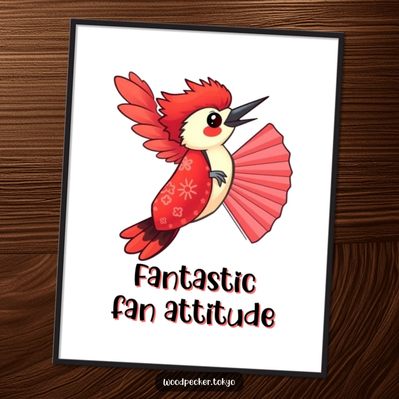 Funny Red Kimono Woodpecker Balancing on a Fan, vibrant poster art. This humorous wall decor is full of life and laughter.