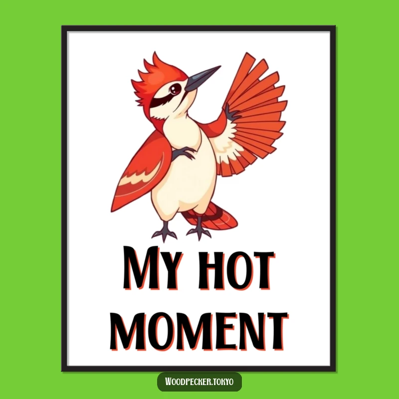 Funny Woodpecker Fanning Poster - Red Kimono Bird Wall Art
