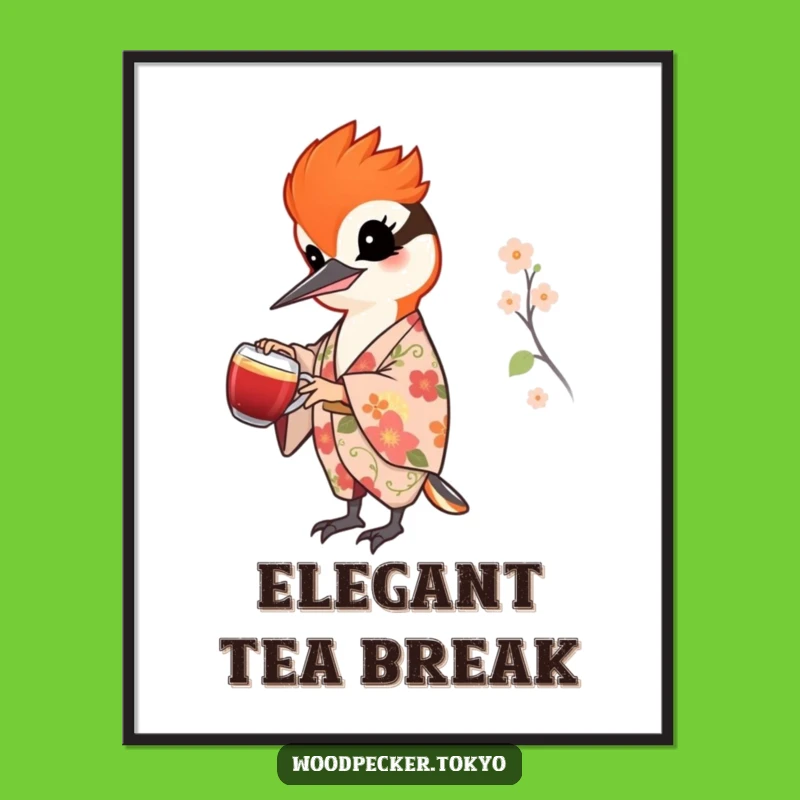 Funny Woodpecker Tea Pouring Poster - Cheerful Kimono Bird Wall Art