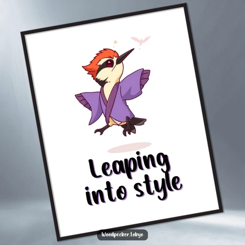 Funny Purple Kimono Woodpecker Leaping with abandon, dynamic poster art. This humorous wall decor captures movement.