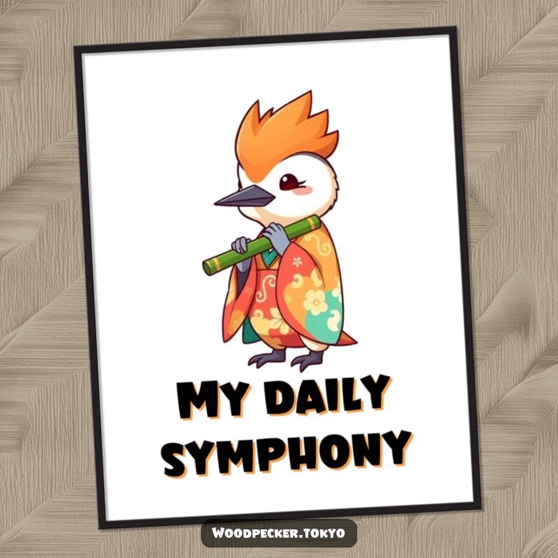 Funny poster print of a kawaii woodpecker in a vibrant kimono playing a bamboo flute, suitable for wall decor and music-themed spaces.