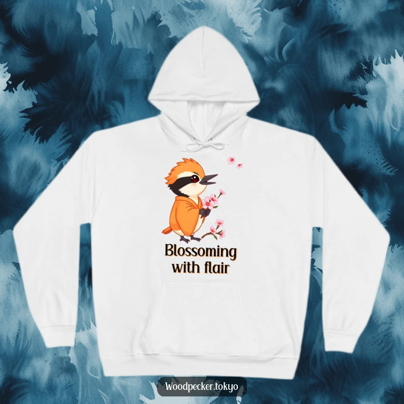 Funny Orange Kimono Woodpecker Holding a Cherry Blossom, cozy hoodie. This humorous apparel is perfect for gentle souls.