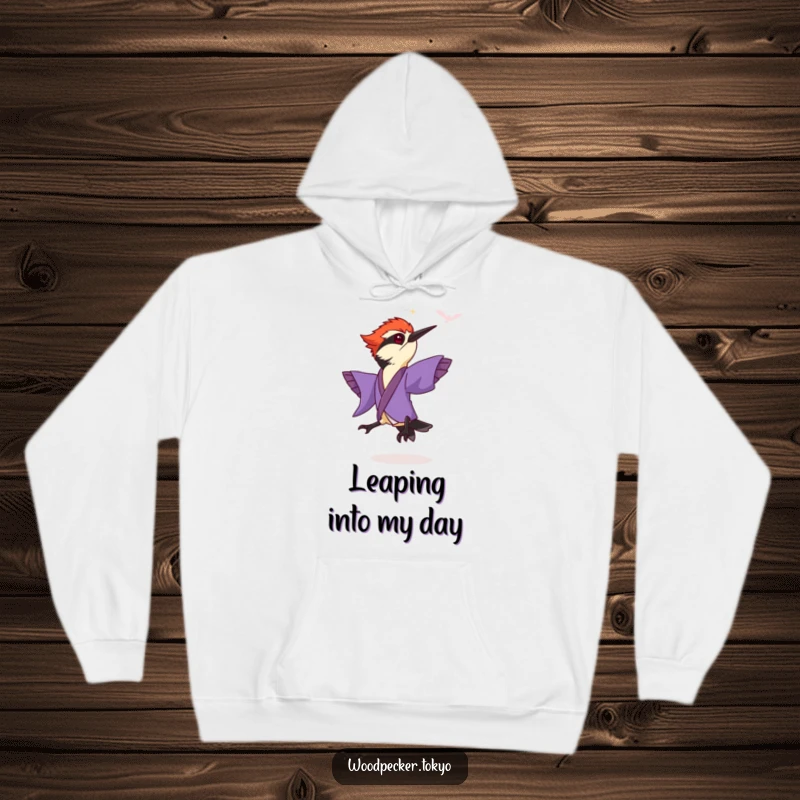 Funny Purple Kimono Woodpecker Leaping energetically, cozy hoodie design. This humorous apparel is perfect for active bird fans.