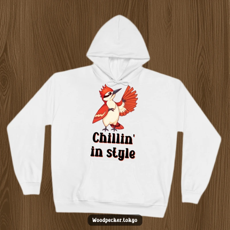 Funny hoodie featuring a woodpecker in a striking red kimono playfully fanning itself, offering warmth and a touch of chic flair.