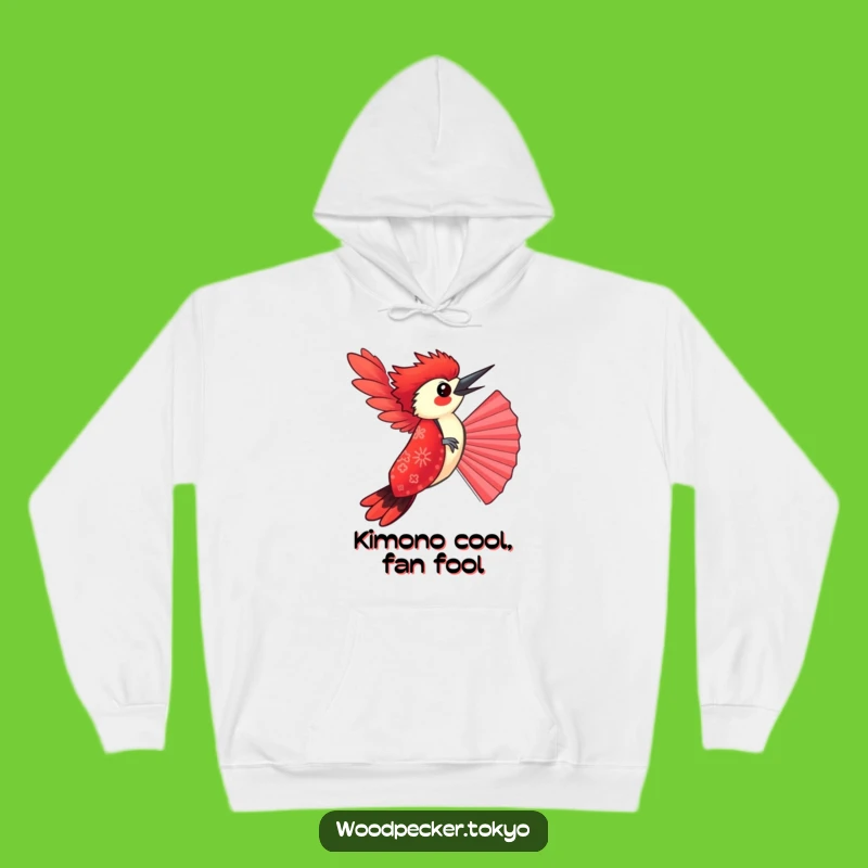 Funny Red Kimono Woodpecker Balancing Fan Hoodie: Cozy and Comical Bird Lover Apparel