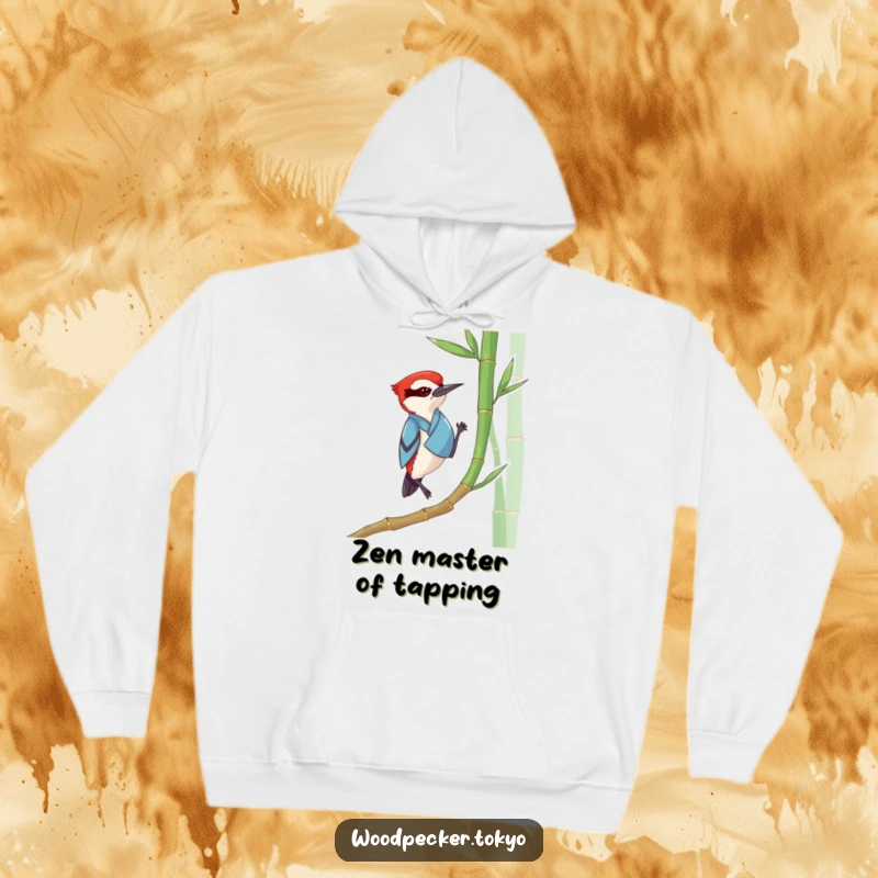 Funny Woodpecker Kimono Hoodie: A warm sweatshirt featuring a woodpecker in a kimono tapping bamboo, offering cozy zen humor.