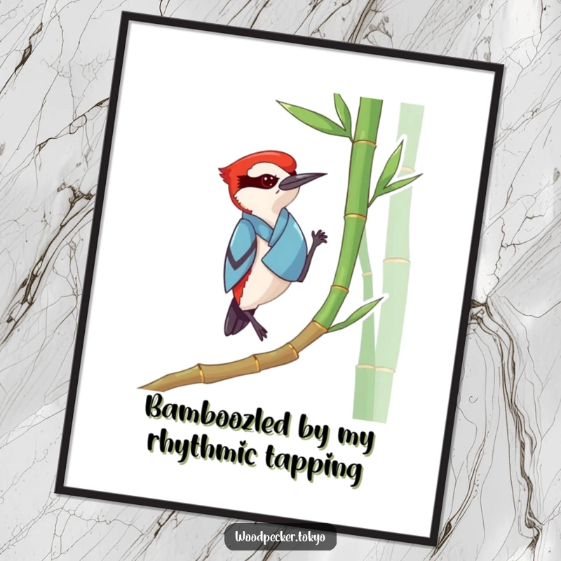 Funny Free Printable Wall Art depicts a woodpecker in a blue kimono, rhythmically tapping a bamboo stalk, creating a serene and humorous scene.